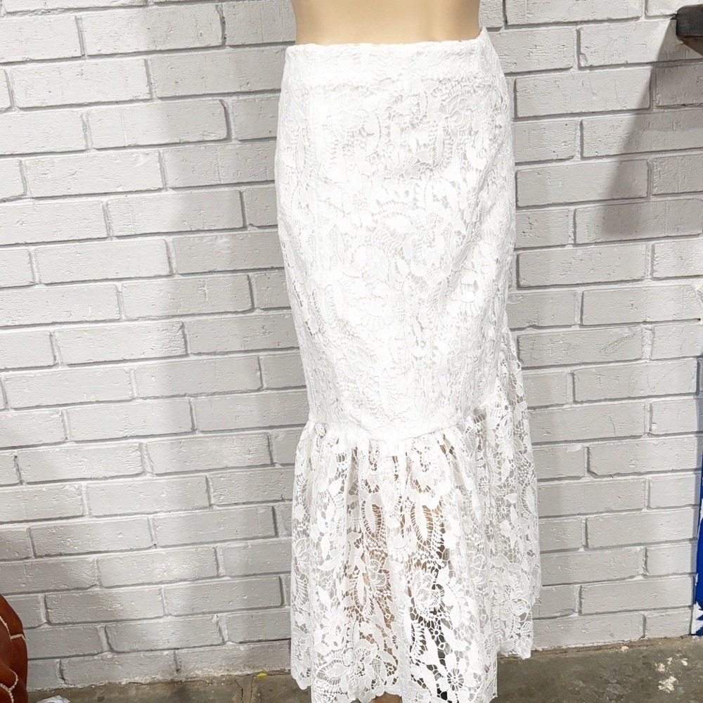 Avec Les Filles Anthropologie White Floral Lace Flared Midi Skirt Ruffle NWT 10